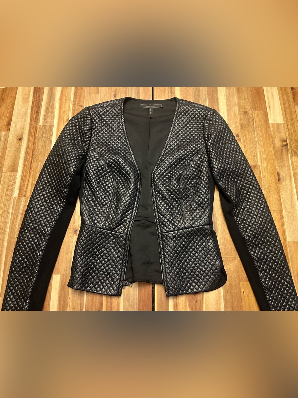 BCBGMaxAzria Black Quilted Faux-Leather Open-Front Jacket